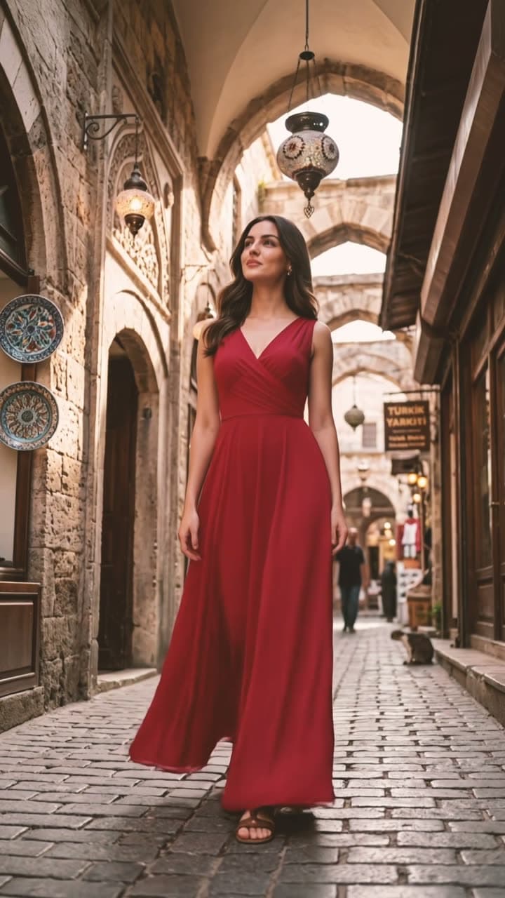 A woman in a red dress on a rooftop above the Bosphorus