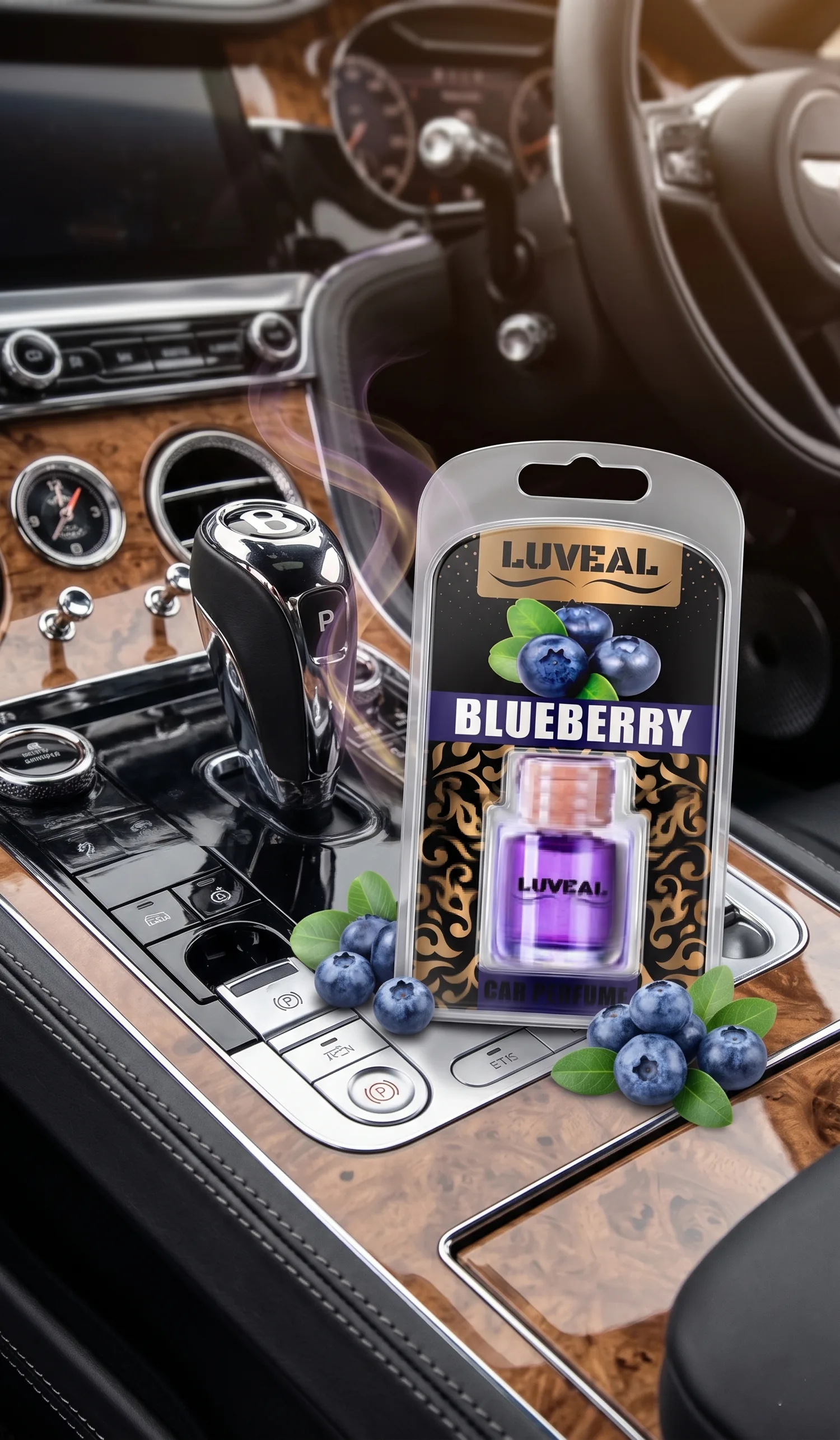 Blueberry car perfume on a burr-walnut dash, with fresh blueberries