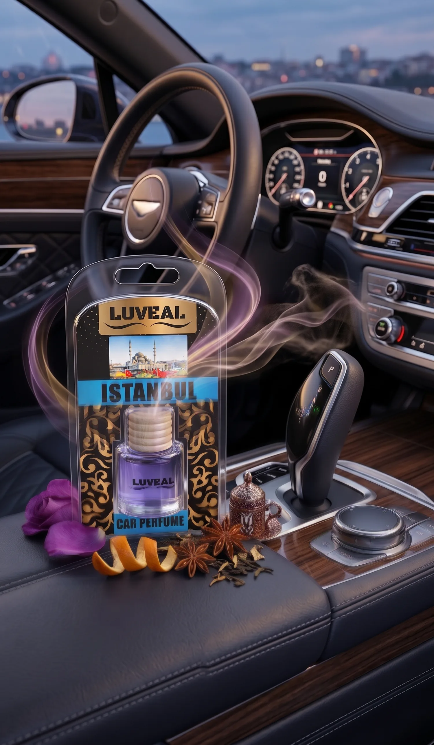 Istanbul car perfume on a walnut console, with orange peel and star anise
